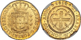 João Prince Regent gold 4000 Reis 1814-(R) MS62 NGC, Rio de Janeiro mint, KM235.2, LMB-574. Slightly soft in the strike, though seemingly double-struc...