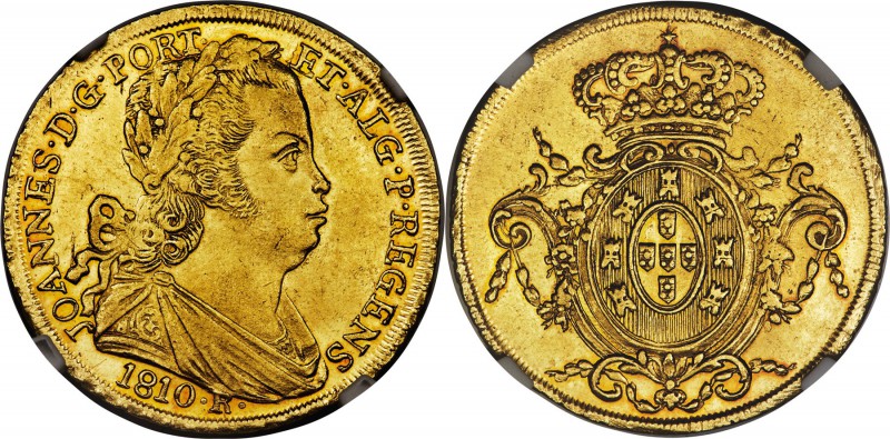 João Prince Regent gold 6400 Reis 1810-R MS60 NGC, Rio de Janeiro mint, KM236.1,...