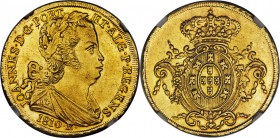 João Prince Regent gold 6400 Reis 1810-R MS60 NGC, Rio de Janeiro mint, KM236.1, LMB-560. Struck with raised rims which create a notable visual border...