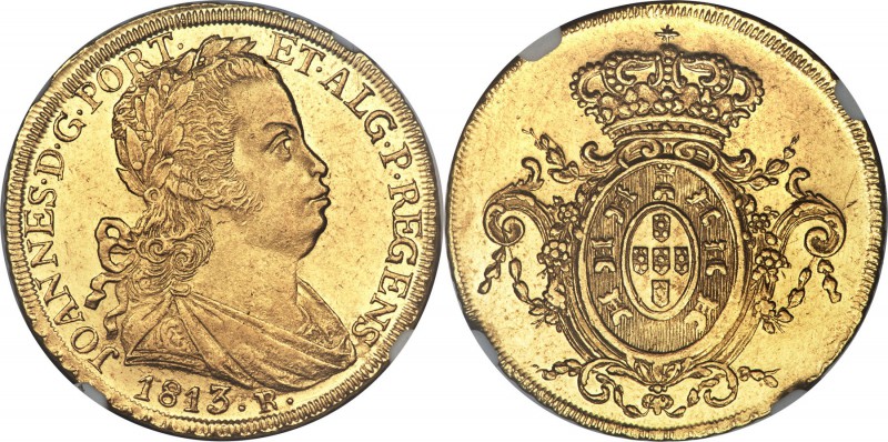 João Prince Regent gold 6400 Reis 1813-R UNC Details (Cleaned) NGC, Rio de Janei...