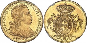 João Prince Regent gold 6400 Reis 1813-R UNC Details (Cleaned) NGC, Rio de Janeiro mint, KM236.1, LMB-563. Well-struck throughout, with exceptional de...