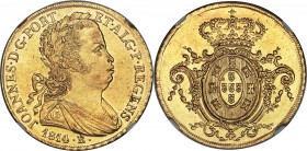 João Prince Regent gold 6400 Reis 1814-R UNC Details (Cleaned) NGC, Rio de Janeiro mint, KM236.1, LMB-564. Buttery golden fields with hints of russet ...