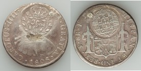 Cuiaba counterstamped 960 Reis 1821 VF (cleaned, holed & plugged, mount removed), KM353. 40mm. 26.65gm. Displaying Type C 960/C (obverse) and Portugue...