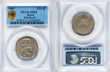 Pedro II nickel Specimen Pattern 20 Reis 1869 SP63 PCGS, KM-Pn135. Fully satiny and remarkably free of marks for the assigned grade, a few die cracks ...