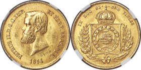 Pedro II gold 5000 Reis 1854 MS65 NGC, Rio de Janeiro mint, KM470, Fr-123, LMB-O637a. A glowing gem showcasing fields awash with golden luster. The fi...