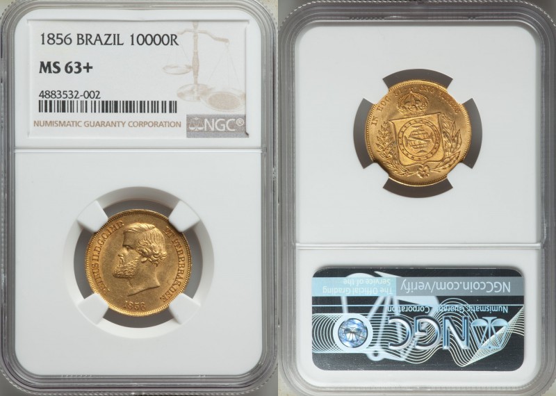 Pedro II gold 10000 Reis 1856 MS63+ NGC, Rio de Janeiro mint, KM467. Selections ...