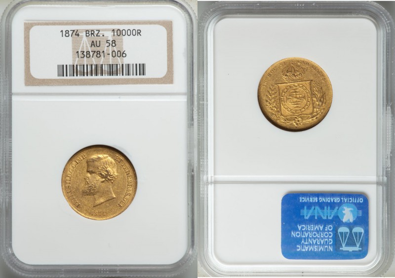 Pedro II gold 10000 Reis 1874 AU58 NGC, Rio de Janeiro mint, KM467. 

HID0980124...
