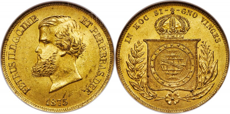 Pedro II gold 10000 Reis 1875 MS63 NGC, Rio de Janeiro mint, KM467, LMB-659. A c...