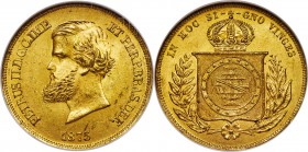 Pedro II gold 10000 Reis 1875 MS63 NGC, Rio de Janeiro mint, KM467, LMB-659. A choice offering exhibiting luminous golden fields. 

HID09801242017