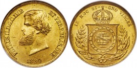 Pedro II gold 10000 Reis 1880 MS64 NGC, Rio de Janeiro mint, KM467, Fr-122, LMB-664. The warm gold color of the planchet brings the well-struck detail...