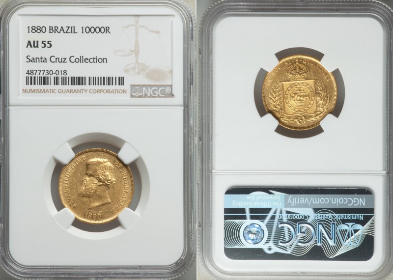 Pedro II gold 10000 Reis 1880 AU55 NGC, Rio de Janeiro mint, KM467. AGW 0.2643 o...