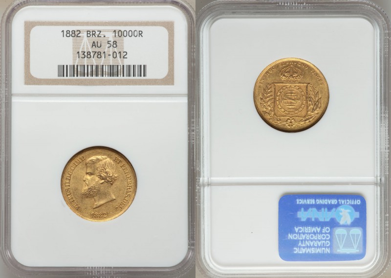 Pedro II gold 10000 Reis 1882 AU58 NGC, Rio de Janeiro mint, KM467. 

HID0980124...