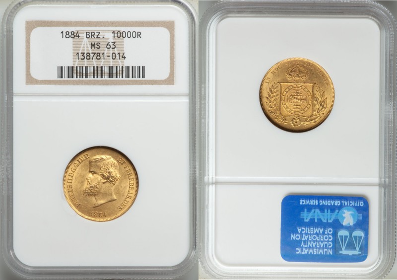 Pedro II gold 10000 Reis 1884 MS63 NGC, Rio de Janeiro mint, KM467. 

HID0980124...