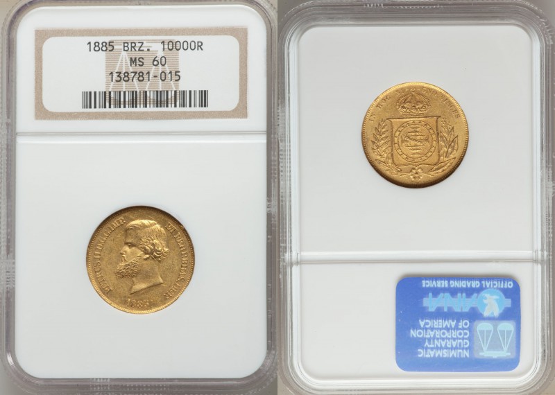 Pedro II gold 10000 Reis 1885 MS60 NGC,  Rio de Janeiro mint, KM467. 

HID098012...