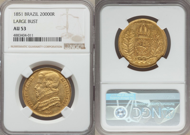 Pedro II gold 20000 Reis 1851 AU53 NGC, KM463. Large bust variety. AGW 0.5286 oz...