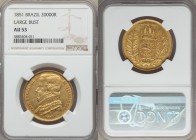 Pedro II gold 20000 Reis 1851 AU53 NGC, KM463. Large bust variety. AGW 0.5286 oz. 

HID09801242017