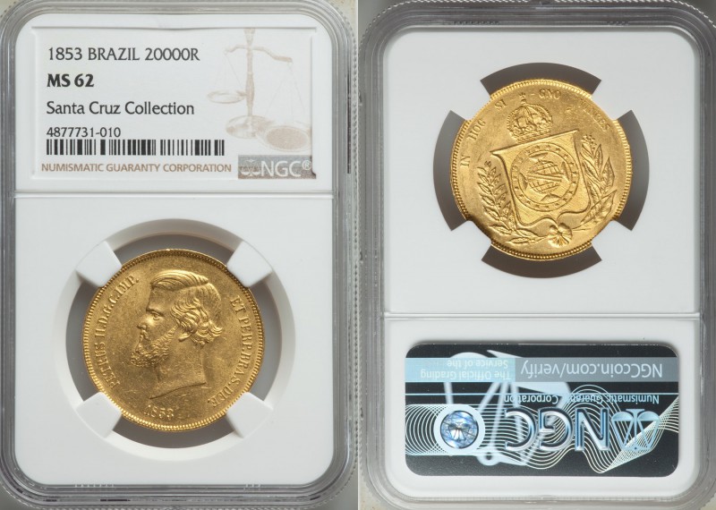 Pedro II gold 20000 Reis 1853 MS62 NGC, Rio de Janeiro mint, KM468, LMB-673. Lus...