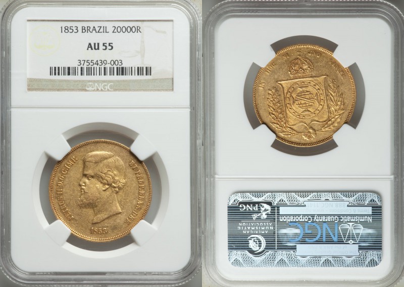Pedro II gold 20000 Reis 1853 AU55 NGC, Rio de Janeiro mint, KM468. AGW 0.5286 o...