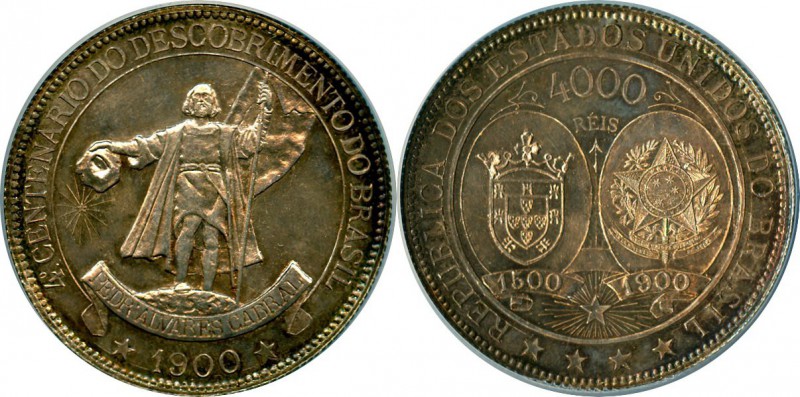 Republic 4000 Reis 1900 MS63 NGC, KM502.1. Commemorates the 400th anniversary of...