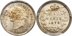 Victoria 5 Cents 1874-H MS63 PCGS, Heaton mint, KM2. "Crosslet 4" variety. Touched with burnt gold accents, with signs of significant die breaks noted...