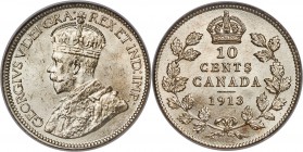 George V "Small Leaves" 10 Cents 1913 MS66 PCGS, Ottawa mint, KM23. Small leaves variety. A superb gem with frosty white fields and uniformly crisply ...