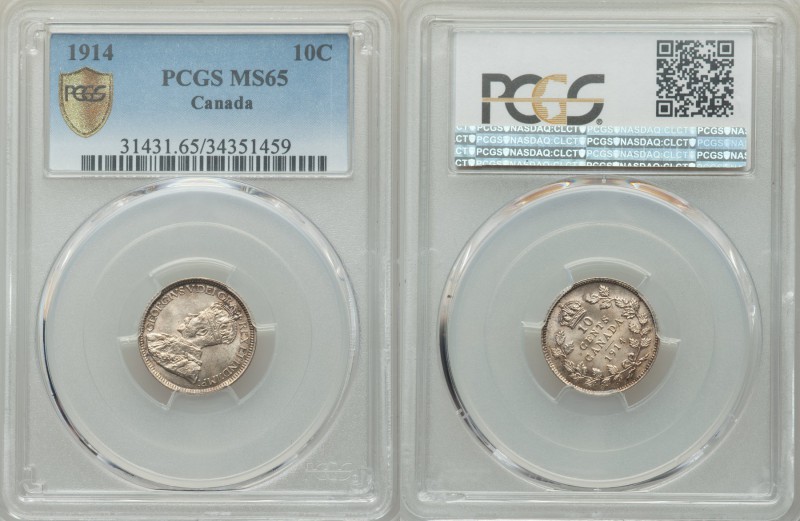 George V 10 Cents 1914 MS65 PCGS, Ottawa mint, KM23. A fantastic and frosty litt...