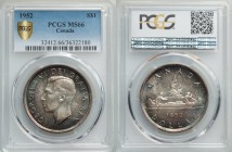 George VI Dollar 1952 MS66 PCGS, KM46. Full water lines variety. Marbleized with sapphire and amethyst tones that prove visually entrancing. 

HID0980...