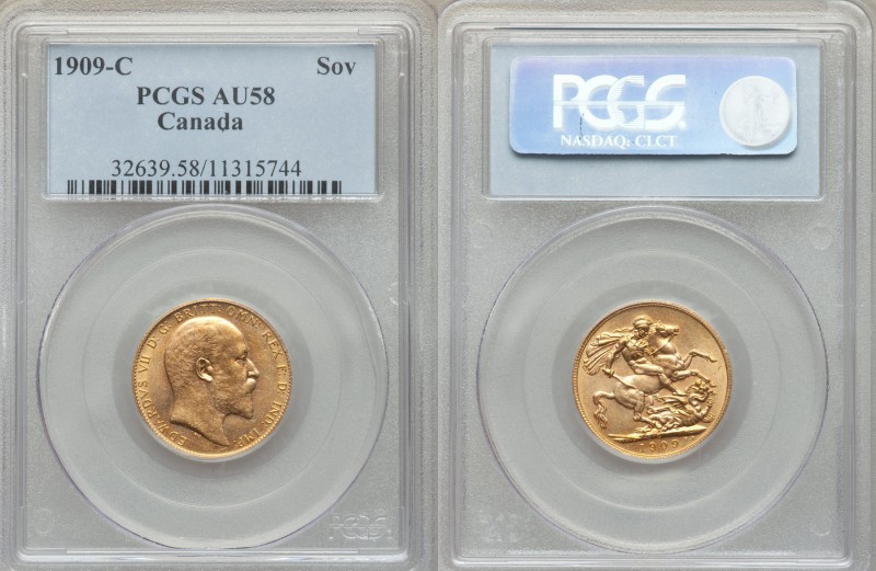 Edward VII gold Sovereign 1909-C AU58 PCGS, Ottawa mint, KM14. Mintage: 16,273. ...