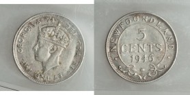 Newfoundland. George VI 5 Cents 1946-C VF30 ICCS, Ottawa mint, KM19a. Mintage: 2,041. A very difficult type to locate, particularly when not cleaned, ...