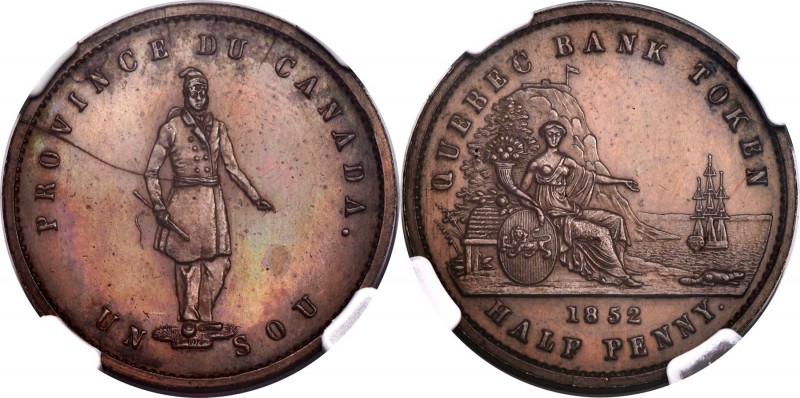 Province of Canada. Quebec Bank bronzed Specimen 1/2 Penny Token 1852 SP63 Brown...