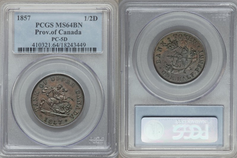 Province of Canada. Bank of Upper Canada 1/2 Penny Token 1857 MS64 Brown PCGS, K...