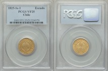 Republic gold Escudo 1825 So-I VF25 PCGS, Santiago mint, KM85. Mintage: 2920. A better date for the issue, struck mildly off-center, yet sure to appea...