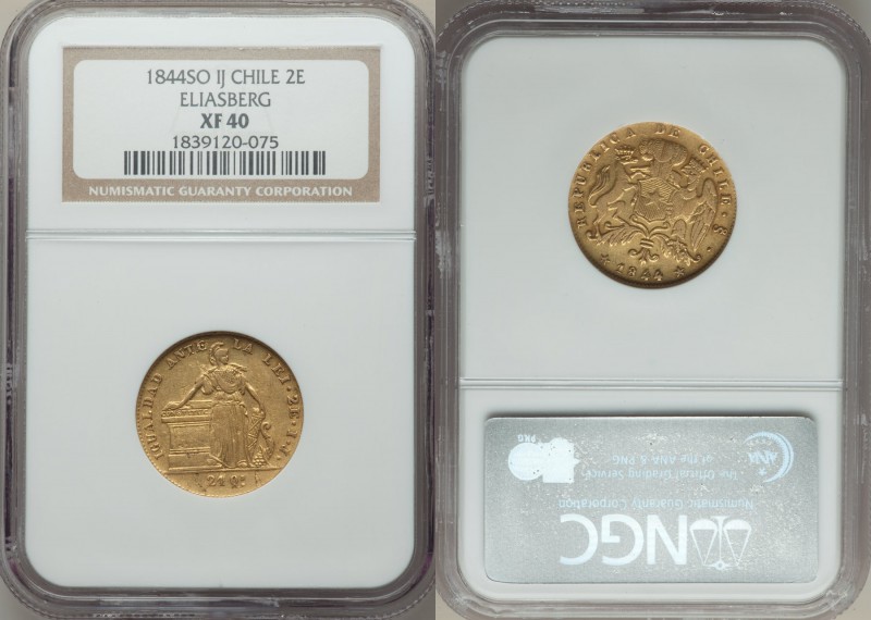 Republic gold 2 Escudos 1844 So-IJ XF40 NGC, Santiago mint, KM102.1. An attracti...