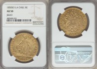 Republic gold 8 Escudos 1850 So-LA AU50 NGC, Santiago mint, KM105. With "JULIO" (July, month of striking) on edge. Preserving strong residual detail o...