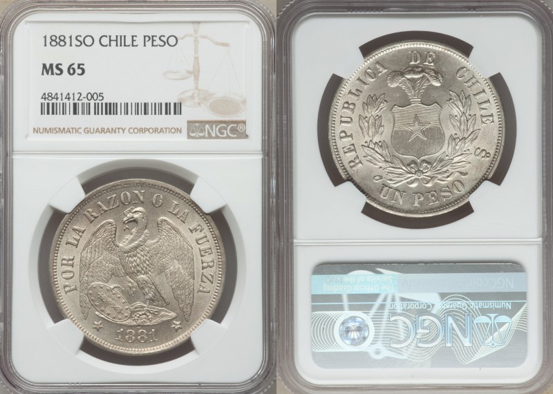 Republic Peso 1881-So MS65 NGC, Santiago mint, KM142.1. A markedly pristine gem,...