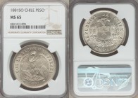 Republic Peso 1881-So MS65 NGC, Santiago mint, KM142.1. A markedly pristine gem, no signs of die cracks on the obverse and only the most minute hairli...