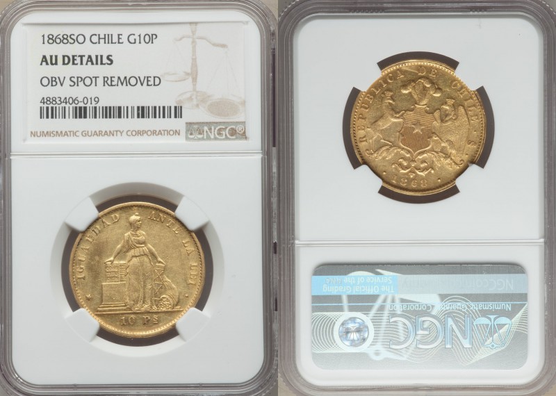 Republic gold 10 Pesos 1868-So AU Details (Obverse Spot Removed) NGC, Santiago m...