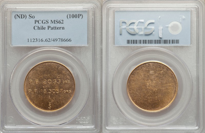 Republic gold Uniface Trial Strike 100 Pesos ND So MS62 PCGS, Santiago mint, KM-...