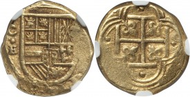 Philip IV gold Cob 2 Escudos ND (1628-1635) C-E AU55 NGC, Cartagena mint, KM4.4, Cal-Type 30 or 31 (CE to left of shield, E standard, not retrograde)....