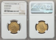 Ferdinand VI gold 2 Escudos 1757 NR-SJ VF Details (Damaged) NGC, Nuevo Reino mint, KM30.1. A scarcer subtype of the mint mark-assayer combination, app...
