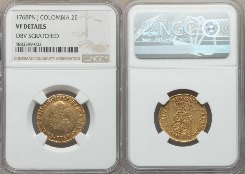 Charles III gold 2 Escudos 1768 PN-J VF Details (Obverse Scratched) NGC, Popayan...