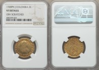 Charles III gold 2 Escudos 1768 PN-J VF Details (Obverse Scratched) NGC, Popayan mint, KM36.2. A scarce type with comparatively strong integral detail...