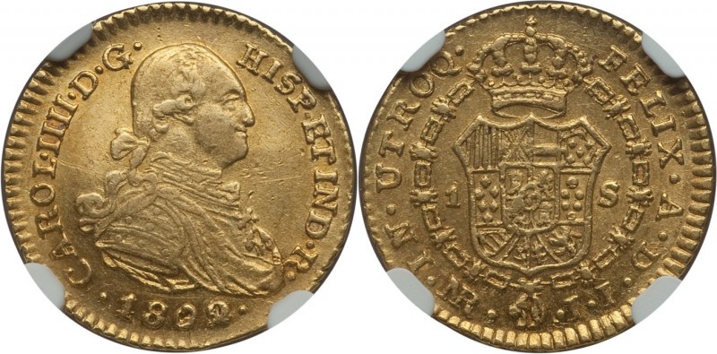 Charles IV gold Escudo 1802/1 NR-JJ AU58 NGC, Nuevo Reino mint, KM56.1. 

HID098...