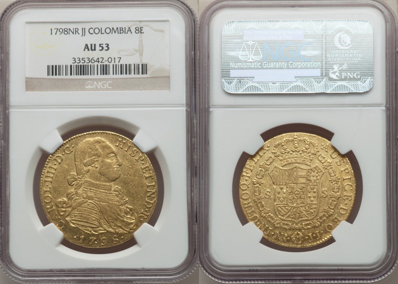 Charles IV gold 8 Escudos 1798 NR-JJ AU53 NGC, Nuevo Reino mint, KM62.1. 

HID09...