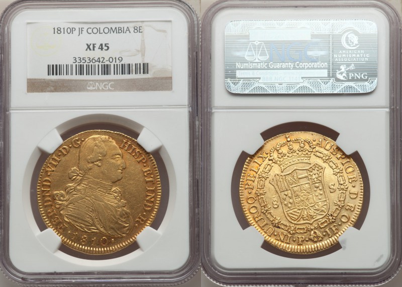 Ferdinand VII gold 8 Escudos 1810 P-JF XF45 NGC, Popayan mint, KM66.2. 

HID0980...