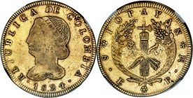 Republic gold 8 Escudos 1824-FM VF30 NGC, Popayan mint, KM82.2. Moderately circulated, yet a highly collectible example of this earlier date. 

HID098...