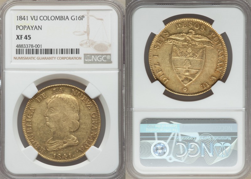 Nueva Granada gold 16 Pesos 1841 POPAYAN-VU XF45 NGC, Popayan mint, KM94.2.

HID...