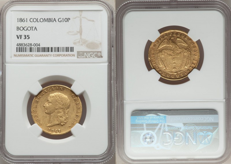 Republic gold 10 Pesos 1861 VF35 NGC, Bogota mint, KM129.1. A more affordable ex...