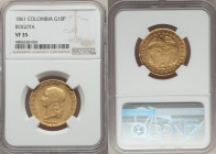 Republic gold 10 Pesos 1861 VF35 NGC, Bogota mint, KM129.1. A more affordable example of this popular Colombian gold issue, traces of a minor mount re...