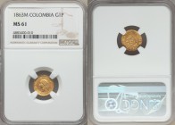 Estados Unidos gold Peso 1863-M MS61 NGC, Medellin mint, KM146.1. Mintage: 11,000. Rare to find so beautifully struck, this one-year type is currently...